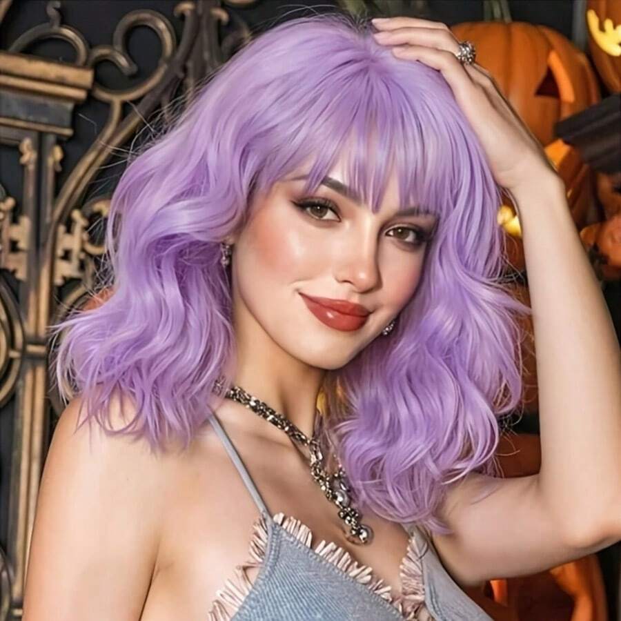 FESHFEN Purple Bob Wig 14 Inch Bob Wigs With Bangs Water Wave Shot Wig,Deep Wave Heat Resistant Fiber Synthetic Wigs For Women Girls Costume Party Or Daily Wear Music Festival, Christmas ,Halloween Cosplay - 紫羅蘭色 - 查看 1