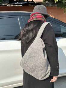 Túi đeo vai cổ điển thời trang mùa đông bằng len xám phong cách Hàn Quốc Back To School, Túi tote thông thường dành cho nữ - Xám - Xem 2