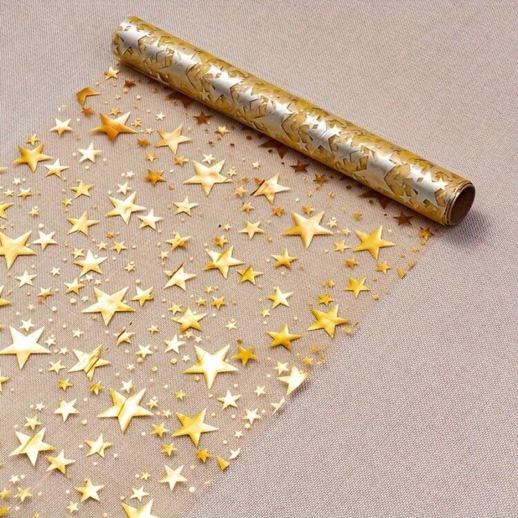 1卷金色星星亮片桌布，11x108英寸，涤纶材质 - 无需组装，亮白色底布点缀金色星星，适用于生日派对、婚礼、宴会装饰、庆典活动、优雅餐桌布置，机织面料，奢华高品质亮片，家居装饰 - 彩色 - 查看 6