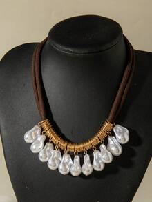 imoli 1pc Minimalist Polyester Cord Necklace With Metal Wrapped Pendant & Faux Pearl, Creative Niche Design Jewelry Pendant Necklace, Suitable For Party, Gathering, Gift