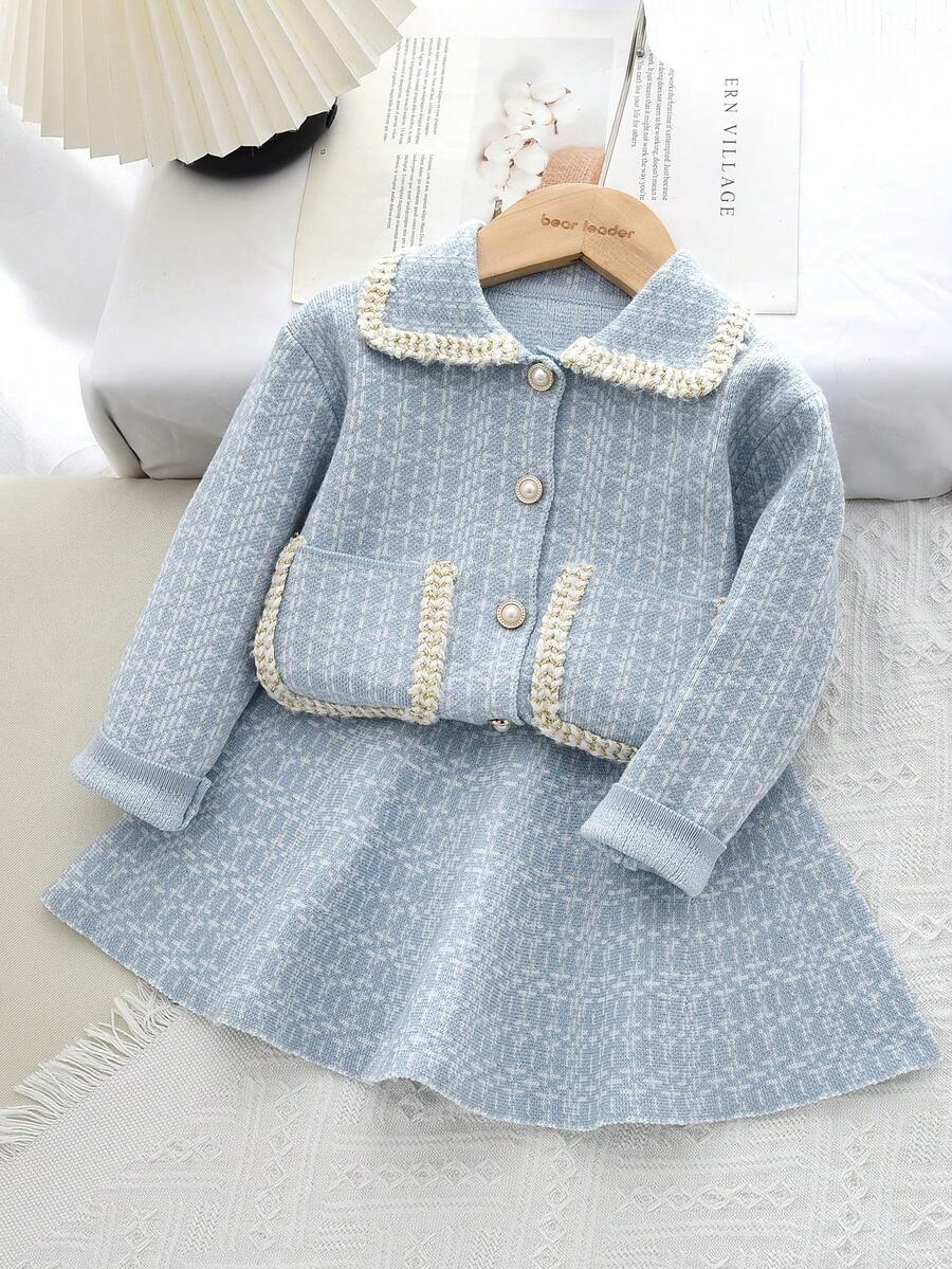 Winter Sweater Clothes Sets For Young Girls Elegant Long Sleeves Flip Collar Single Breasted Coat And Red Plaid Skirt Fall 2 Pieces