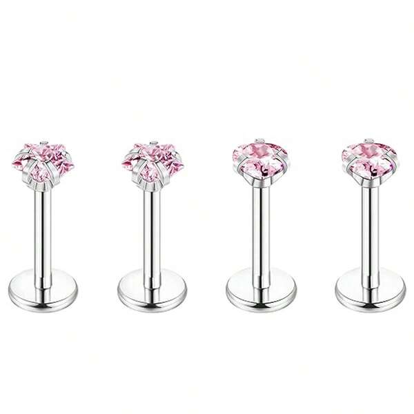 4pcs/Set Stainless Steel & Cubic Zirconia Piercing Set - Heart, Star, Square Shapes For Labret, Lip, Cartilage, Helix & Tragus Studs