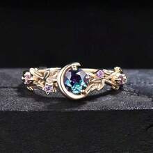 Dual-Tone Moon Flower Ring For Women - Silvery Golden Hollow Band With Zirconia, Celestial Boho Wedding & Party Fashion Jewelry - Golden - View 3