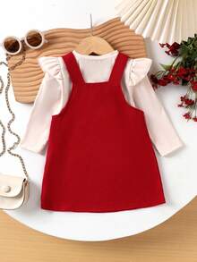 2 件套女婴可爱时尚长袖上衣 + 围兜连衣裙套装，轻便，春秋季 - 酒紅色 - 查看 2