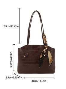 Fashionable Retro Crocodile Grain Scarf Decor Shoulder Tote Bag, Suitable For Women's Work Commute, Travel, Shopping - Coffee - View 3