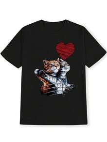 Camiseta Casual de Manga Corta para Hombre - Impresión de Tiburón y Gato de Dibujos Animados, Tela Transpirable, Ropa de Calle Cómoda para el Verano, Cuello Redondo, Ajuste Regular, Camiseta de Uso Diario| Camiseta gráfica divertida| Ajuste cómodo - Negro - Ver 3