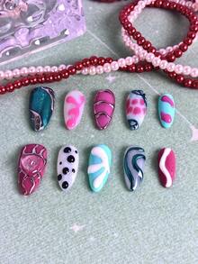 10片/套 女士美甲贴纸，法式美甲粉色渐变，粉蓝闪粉设计，全覆盖亮面亚克力可重复使用假指甲套装，含指甲胶水，适合圣诞派对、情人节约会、日常佩戴，精美礼品美甲用品，手工制作按压式美甲贴片 - 藍白色 - 查看 4