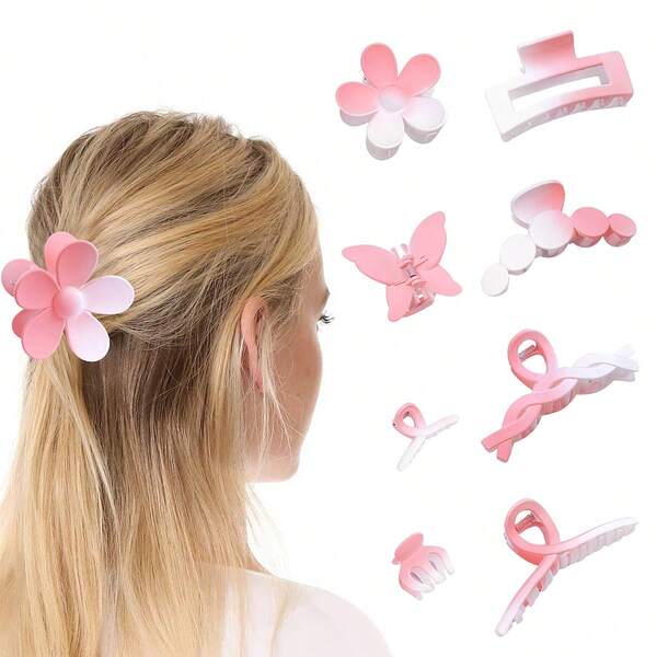 8Pcs Pink Colors Hair Claw Clips Accessories With Multi-Styles, Flower Claw ClipsHair Claws Butterfly Clip High Ponytail