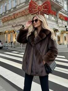 2025 Winter New Faux Fur Casual Fashion Jacket, Retro Lapel Loose Long Sleeve Coat For Women - Coffee Brown - View 6
