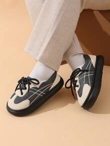 أحذية خبز قبيحة جميلة بتباين أسود وأبيض رجعية [مبطنة حرارية دافئة]، أحذية كاجوال سميكة الوحدة مع ربطة للنساء، ماركة - الأسود - مشاهدة 6