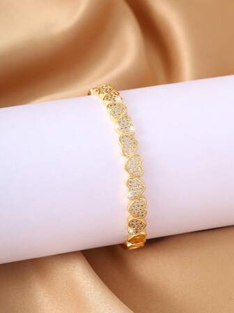 1pc Luxury Asymmetrical Heart Arrangement Open Bangle Bracelet, Micro-Inlaid Zirconia, Suitable For Daily Wear And Dates