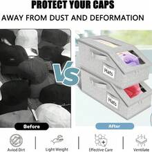 2 Pack Stackable Foldable Hat Storage Box With Hard Lid & Clear Window - Durable Fabric Organizer For Baseball Caps, Hats - Space-Saving Closet, Shelf, Under Bed Storage For Men & Women - Wardrobe Organizer & Storage, Hat Storage Organizer, Shelf Organizer, Clear Design, Sturdy Construction, Home Declutter, Compact Design, Reinforced Stitching, Home Organizer - Xám - Xem 6
