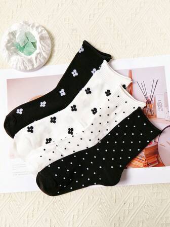 4 Pairs Women's Breathable Mid-Calf Socks With Floral And Polka Dot Designs, Soft And Non-, Suitable For Casual And Sports Wear