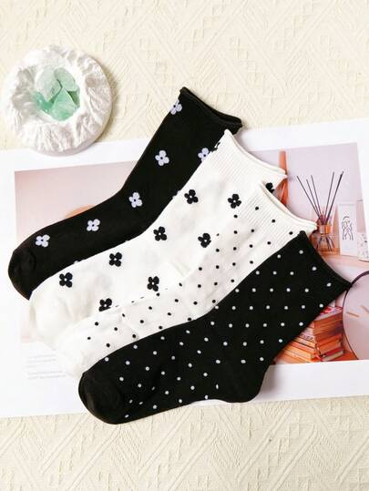 4 Pairs Women's Breathable Mid-Calf Socks With Floral And Polka Dot Designs, Soft And Non-, Suitable For Casual And Sports Wear