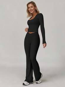Women's Fashion U-Neck Long Sleeve T-Shirt And Waist Crossover Sports Pants Autumn Winter,Fleece
