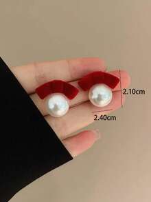 一对复古酒红色天鹅绒蝴蝶结仿珍珠耳环，优雅的秋冬、新年、圣诞节饰品 - 紅色 - 查看 4