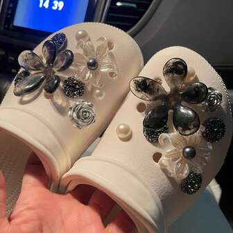 16pcs Fashionable Ink Flower Pearl Shoe Clips Set, Beach Shoes DIY Decorations, Detachable Shoe Flower Shoe & Boot Accessories, Shoe & Bag Decor, Shoe Buckle Accessories