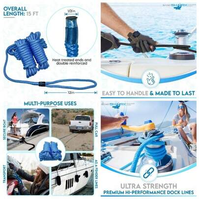 SandShark Premium 15ft 12in Dock Lines 4 Pack, Quality Double - Braided Nylon Boat Rope, 12in Eyelet Loop, Mooring Ropes Docking. Pontoon Boat Accessories - Black