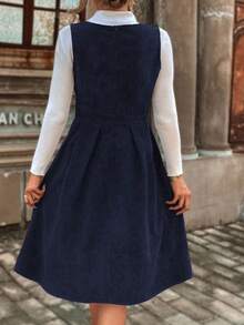 Plus Size Navy Blue Deep V-Neck Sleeveless Jumper Dress With Zipper Detail, Knee-Length Flared Hem, Woven Fabric, Christmas Dress, New Year Women Outfit - Royal Blue - View 3