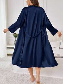 1pc Women's Elegant Spring/Summer Soft Silk Solid Color Sleepwear, Loose Fit Long Sleeve Robe, Breathable Loungewear Suitable For Home Use - Navy Blue - View 3