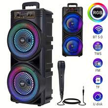 6000W Dual 8" Bluetooth Speaker Sub Woofer Heavy Bass Sound System Party + Mic System With RGB Lighting & Wireless Microphone - USB Rechargeable, FM Card Support For Parties, Karaoke, Dance Events - Remote Control, RGB Lights