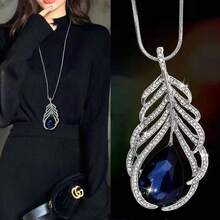 Fashion Sweater Chain Women's High-End Sense Light Luxury Long Necklace Niche Personality Versatile Autumn And Winter Jewelry Pendant - 5.藍水滴羽毛 - 查看 12