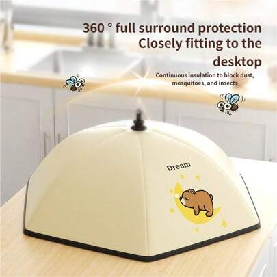 Cubierta de alimentos a prueba de polvo e insectos de 360°, con diseño de oso de dibujos animados, material de 3 capas grueso para una retención de calor duradera, lavable y fácil de limpiar, plegable y montable en la pared, esencial para el calentador de alimentos de cocina