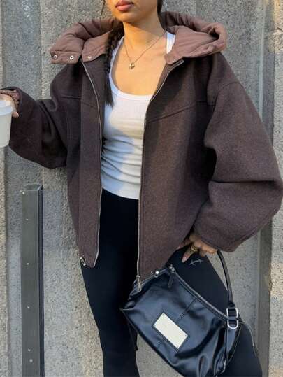 女士复古休闲百搭纯色拉链口袋罗纹夹克，适合日常穿着和度假