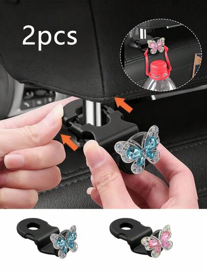 Gancho con accesorios de mariposa de cristal brillante para el asiento trasero, gancho de almacenamiento interior del coche, decoración, universal, de otro material plástico - perfecto para la organización y el almacenamiento de accesorios de moda, gancho para coche, gancho para respaldo del asiento, dulce gancho de mariposa de cristal, gancho universal para coche, un gran regalo para familiares, amigos y seres queridos, perfecto para el Ramadán, Eid, San Valentín, Navidad o Acción de Gracias.