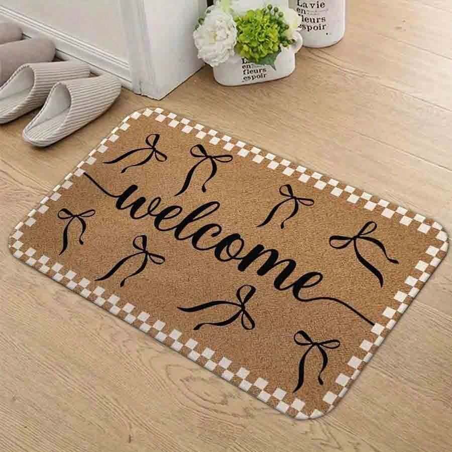 1PC Floor Mat--Decorative Doormat With Brown Cork-Like Surface, Checkered Border, 'Welcome' In Black Cursive & 8 Bow Accents, Simple Inviting Indoor Outdoor Mat For Entryway Greeting--  Flannel, MatSoft, Comfortable And Easy To Clean, Suitable For Hallway Bathroom, Bedroom, Kitchen, Porch, Laundry Room, RV Outdoor Decoration Holiday Decoration Three Sizes Available Christmas Door Decor Fall Decorations For Home - màu đen - Xem 1