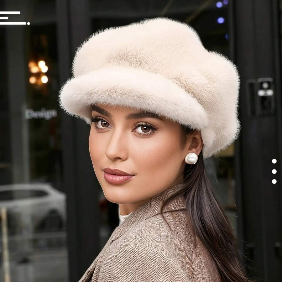 Women's Autumn And Winter Warm Plush Beret, Cloud Hat, Octagonal Hat, Cold And Frost Resistant, Suitable For Daily Commuting, Shopping, And Outdoor Activities. - 米色 - 查看 1
