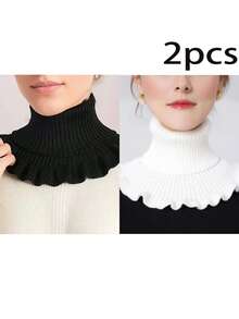 女士冬季围巾一条，柔软涤纶纤维，设计优雅，弹性保暖，针织围巾，不含假发，适合搭配连衣裙 - 黑色 - 查看 19