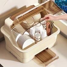 [Cream Dish Drying Rack] Multi-Functional Cream Dish Drying Rack With Lid - Space Saving, Dust Proof Kitchen Storage Cabinet, Utensil Organiser With Drainage Plate - 米色 - 查看 9