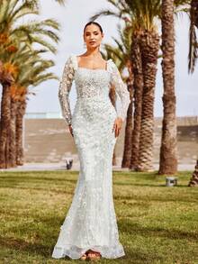 Faeriesty Women Elegant Haute Glamour Elegant Beaded Mermaid Evening Gown With Square Neckline – Intricate Floral Beadwork & Pearls Embellishment, Mermaid Silhouette With Flowing Train For Weddings, Formal Galas, Upscale Evening Parties & High-End Receptions,Summer Holiday Outfits - White - View 4