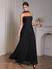 Women's Elegant Solid Knit Splicing Asymmetric Design Maxi Bodycon Bandage Dress, Sexy Backless Ruffle Hem For Party Dress,Women's Pleated Extra-Large Skirt Ball Evening Gown,Graduation Dress, Celebrity Gala Dress,Prom Dress With Scarf,New Year Dress