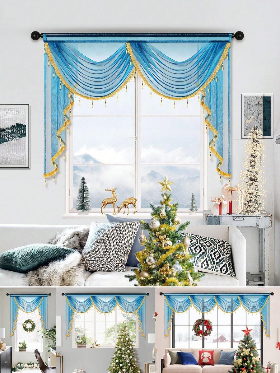 1 pieza Cenefa con cuentas doradas y azules, cortina de lujo moderna con onda, adecuada para fiestas, sala de estar, dormitorio, decoración de ventanas y puertas, opciones de ancho de onda de 1 a 4 - Azul - Ver 1