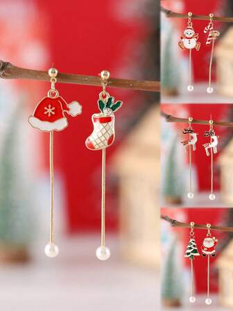 1 Pair Christmas Earrings For Women, Vintage Christmas Cute Santa Claus, Christmas Tree, Reindeer, Snowman, Snowflake Tassel Faux Pearl Earrings, Alloy Dangle Simple Creative Earrings, Christmas Party Gift