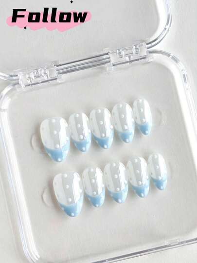 10pcs Baby Blue French Tips Short Almond Handmade Press-On Nails,Gorgeous And Cute Nail Art,White Polka Dots Nails,Sweet Style,Fake Nails,Nail Supplies,Simple Full Coverage Nails Suitable For Women's Fall And Winter Christmas Parties,Festival, Dances, Daily Casual Wear