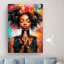 Modern Abstract Canvas Wall Art - Frameless Vibrant Floral Afro Woman Painting Contemporary Decorative Poster For Bedroom And Living Room - White, No Electricity Needed - Multicolor - View 1
