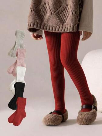 1/2/3 Pairs Girls' Autumn/Winter Leggings, Soft & Warm Solid Color Knit Fabric Skinny Pants, Striped Design Tights