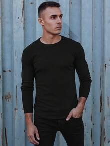 男士經典圓領毛衣，優雅薄粘膠套頭衫，修身毛衣，長袖和袖口，時尚的日常和工作毛衣，光滑的款式非常適合休閒風格 - 黑色 - 查看 1