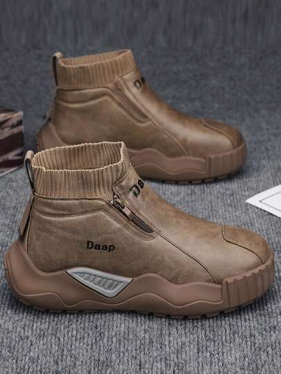 男士休闲运动鞋2025新款PU皮鞋面防水防油男鞋纯色字母一脚蹬软底软面高帮圆头侧拉链舒适男板鞋时尚百搭户外运动男高帮真皮骑行靴