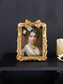 1 szt. Prostokątna dekoracyjna ramka na zdjęcia w stylu europejskim ze złotą kokardą, wygodna ramka do ekspozycji zdjęć na biurku, uniwersalna ramka do dekoracji domu, do montażu na ścianie lub stole, odpowiednia do zdjęć rodzinnych, dekoracji świątecznych i rekwizytów fotograficznych