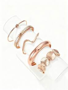 5pcs Vintage Exaggerated Luxurious Geometric Design Wide Metal Gold Bangle Set, Suitable For Daily Wear And Gift - Rose Gold - View 5