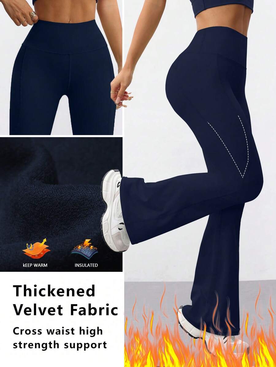 FWH Quần ống loe thời trang, giản dị, nâng mông, tôn dáng, thanh lịch, phong cách đường phố, cổ điển, thon gọn, sang trọng, kín đáo, kéo dài chân, cổ điển đơn giản, cao cấp, thon gọn, cạp cao, đa năng, quần ống rộng, phong cách châu Âu mới, tập thể dục, quần yoga ống rộng, quần bó sát, thể thao mùa đông - Màu xanh hải quân - Xem 1