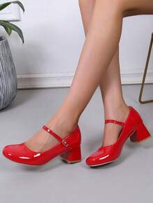 Autumn/Winter Plush Lined New Evening Dress Pumps, Glossy Patent Leather Women's Thick Heel Round Toe Red High Heels. Instep Strap Buckle Mary Jane Women's Shoes, Comfortable Indoor Outdoor Party Flats, Soft Fleece Lining Bohemian Style Red High Heel Women's Shoes - Đỏ - Xem 14