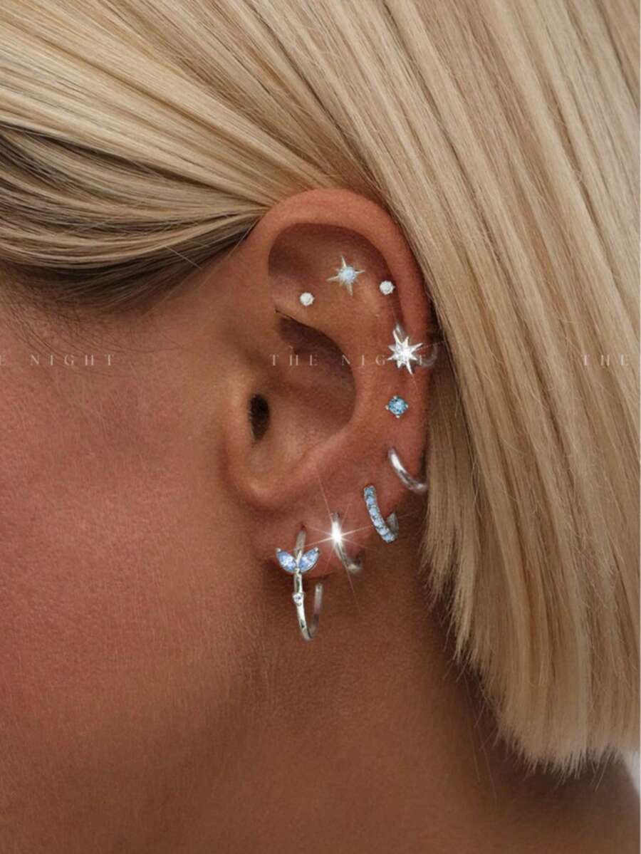 Bộ 9 chiếc khuyên tai hình ngôi sao lấp lánh thời trang dành cho nữ đính đá Cubic Zirconia, thích hợp cho tiệc tùng, đám cưới, hẹn hò hoặc dự tiệc cưới - Bạc - Xem 1