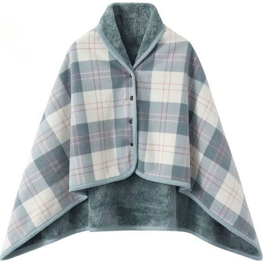 Women Multiway Plaid Poncho Shawl Wrap Fleeced Wearable Blanket Ultra Soft Sherpa Flannel Cape - Light Blue Checkered - View 1