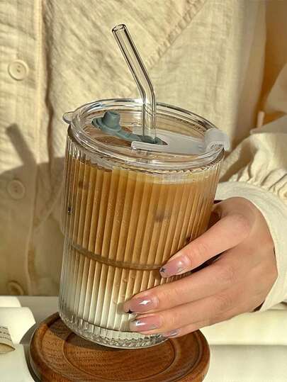 1 Stück gestreifter 400ml wiederverwendbarer Kunststoff Becher mit Strohhalm & Deckel, lebensmittelechtes Material, auslaufsicher elegantes Alltagsgeschirr, für Kaffee, Tee, Milch, kalte Getränke, ideal als Geschenk zum Muttertag, Valentinstag, Abschluss, Geburtstag, Einweihung, Wasserflasche, Becher, Wasserflasche für Frauen