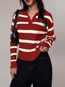 Áo len dài tay cổ polo phối màu tương phản kẻ sọc kiểu retro mùa xuân & thu mới, áo chui đầu dáng rộng cài nửa cổ điển dành cho nữ, thích hợp cho năm mới. - Rượu vang đỏ đặc biệt và trắng ngọc trai - Xem 5